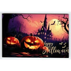 Vintage Halloween Postcard Jack-o'-Lanterns Haunted House Full Moon